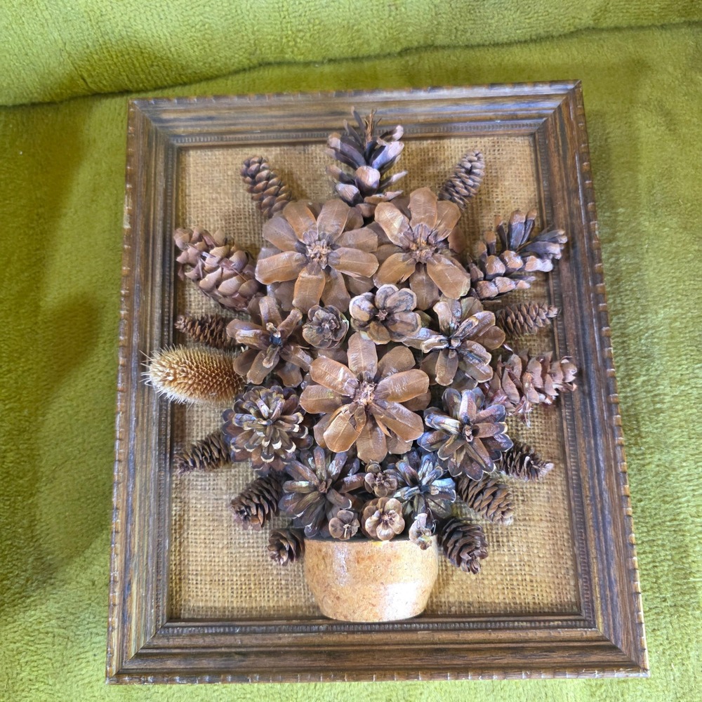 Framed‎ 3D Pinecone Flower Art 12x10 Burlap Framed Wall Decor, 70s mixed media